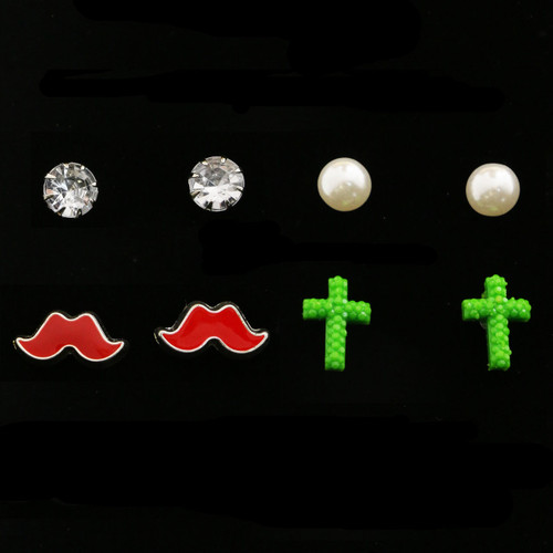 Crucifix Mustache Crystal & Bead Earring Set ME1197C