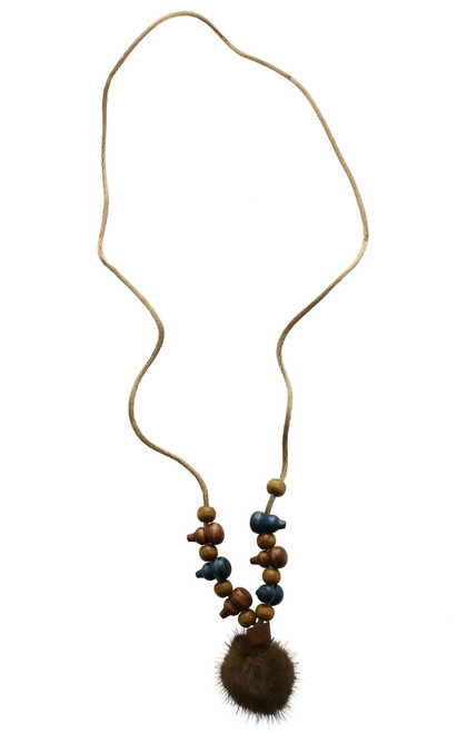 Fabric Necklace with Fuzzy Pendant & Bead Accents N20