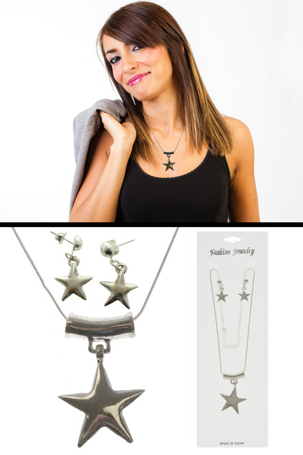 Silver Tone Stars Necklace & Earring Set N385A Silver Tone Stars Necklace & Earring Set N385A
