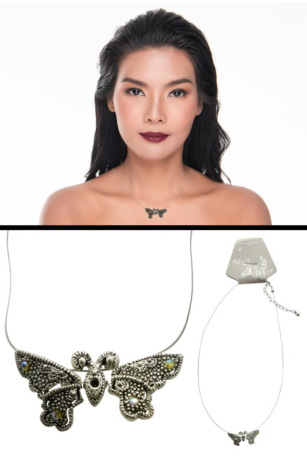 Silver Tone Butterfly Pendant Necklace with Crystal Accents N518A Silver Tone Butterfly Pendant Necklace with Crystal Accents N518A