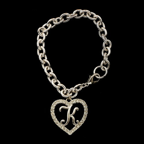Gift Boxed Silver Tone Initial Bracelet "K" Monogram with Crystal Accents GBB12