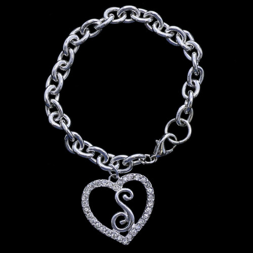 Gift Boxed Silver Tone Initial Bracelet "S" Monogram with Crystal Accents GBB16