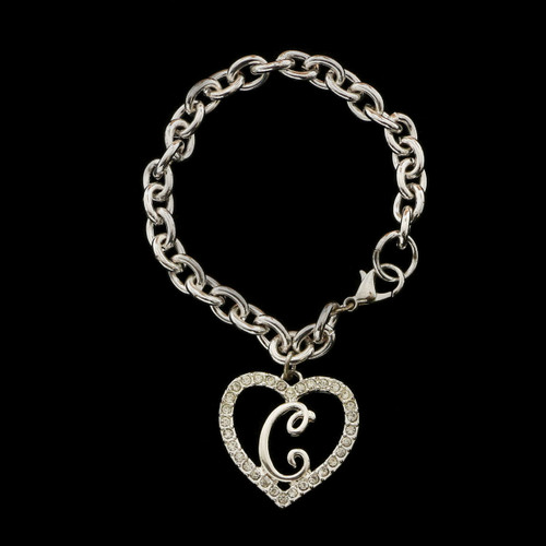 Gift Boxed Silver Tone Initial Bracelet "C" Monogram with Crystal Accents GBB18
