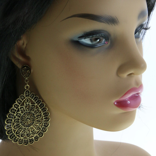 Antiqued Filigreed Dangle Earring, Gold-Tone - E3412