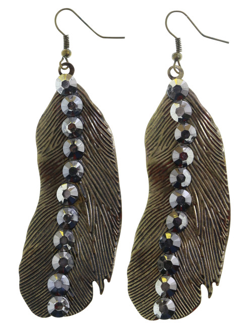 Antiqued Feather Dangle Earring, Gold-Tone - E3458