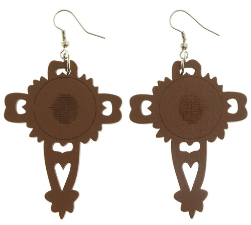 Wooden Laser-Etched Cross Dangle Earrings, Assorted - E22377