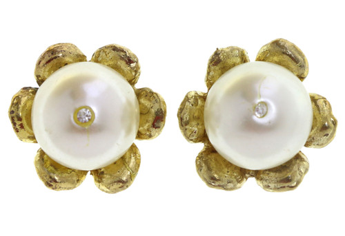 Imitation Pearl Flower Post Earrings Gold-Tone - E10