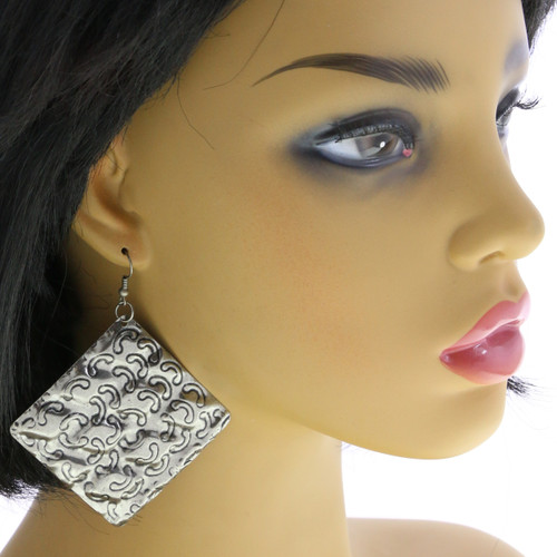 Etched Design Square Dangle Earrings Silver-Tone - E23429A