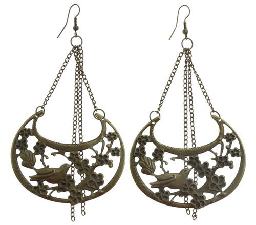 Antiqued Brass Floral Filigree Dangle Earrings Gold-Tone - E23482