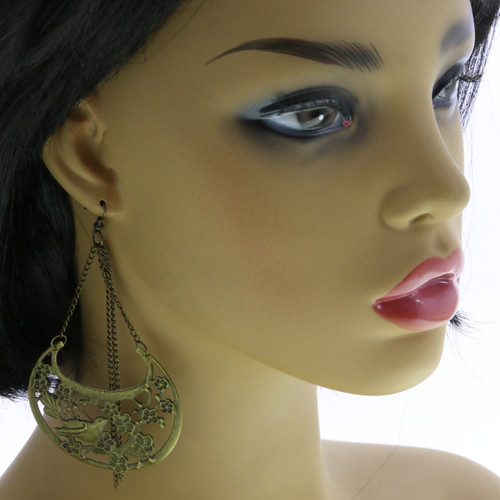 Antiqued Brass Floral Filigree Dangle Earrings Gold-Tone - E23482