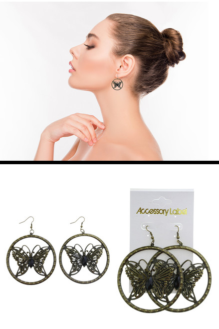 Antiqued Brass Filigreed Butterfly Dangle Earrings - E23485