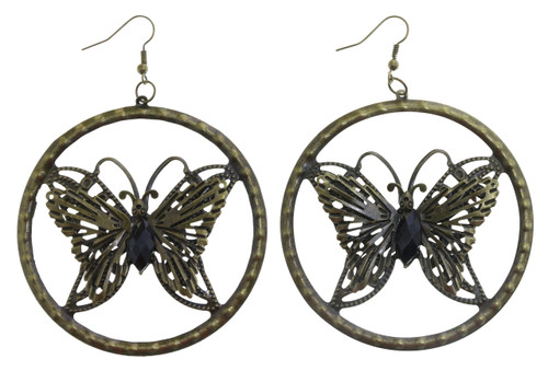 Antiqued Brass Filigreed Butterfly Dangle Earrings - E23485