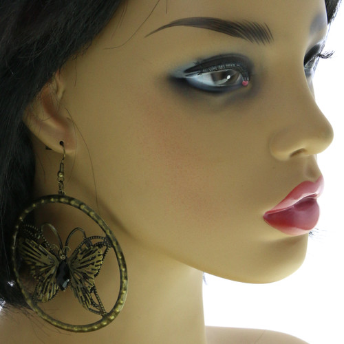 Antiqued Brass Filigreed Butterfly Dangle Earrings - E23485