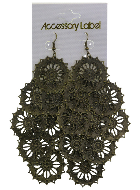 Antiqued Brass Filigreed Sunburst Chandelier Earrings Gold-Tone - E23849