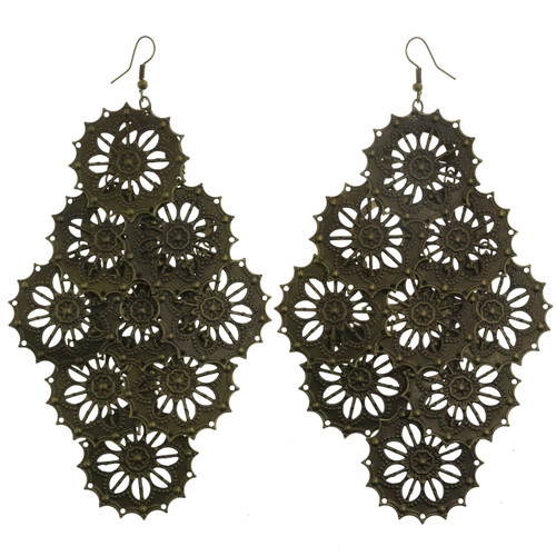 Antiqued Brass Filigreed Sunburst Chandelier Earrings Gold-Tone - E23849
