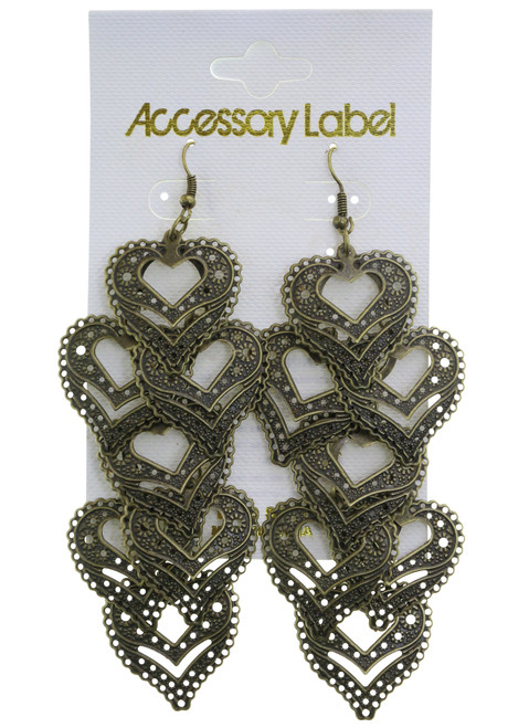 Antiqued Filigreed Heart Chandelier Earrings Gold-Tone - E23853