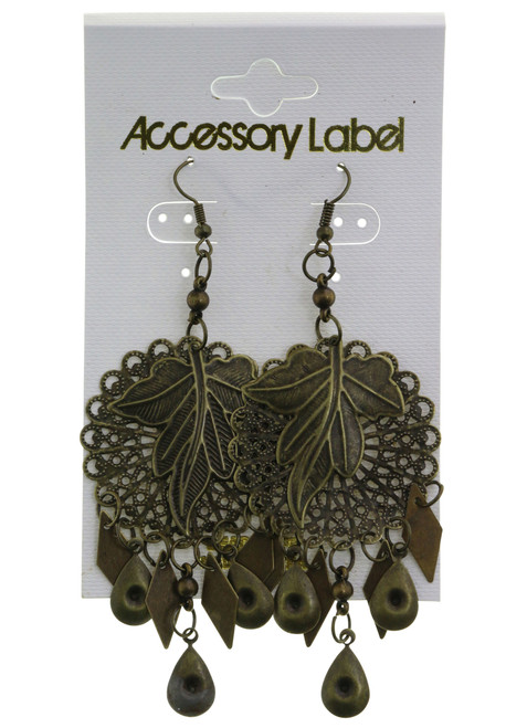 Antiqued Brass Filigree Leaf Dangle Earrings Gold-Tone - E23988