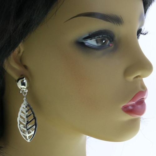 Leaf Cutaway Crystal Cage Dangle Earrings Silver-Tone - E32836A