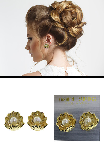Clamshell With Imitation Pearl Clip Earrings Gold-Tone - C8 Clamshell With Imitation Pearl Clip Earrings Gold-Tone - C8