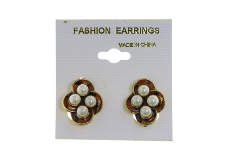 Imitation Pearl Enameled Clip-On Earrings Gold-Tone - C253C