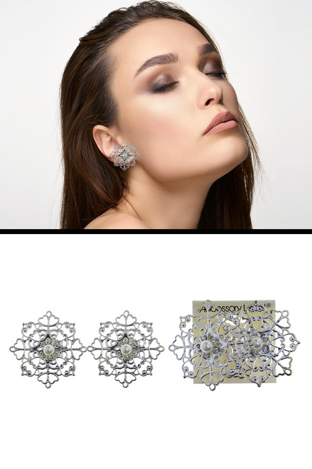 Filigree Imitation Pearl Clip-On Earrings Silver-Tone - C434A Filigree Imitation Pearl Clip-On Earrings Silver-Tone - C434A