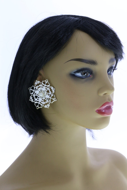 Filigree Imitation Pearl Clip-On Earrings Silver-Tone - C434A