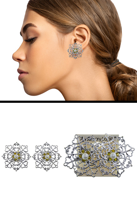 Filigree Colored Crystal Imitation Pearl Clip-On Earrings Silver-Tone - C434C Filigree Colored Crystal Imitation Pearl Clip-On Earrings Silver-Tone - C434C