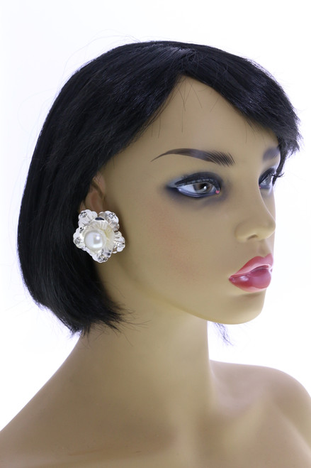 Flower Imitation Pearl Crystal Accent Clip-On Earrings Silver-Tone - C435A