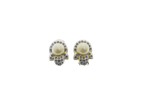 Crystal Accent Imitation Pearl Hamsa Clip-On Earrings Silver-Tone - C1411AC