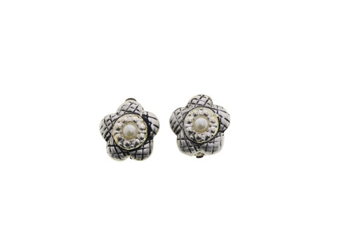 Etched Flower-Shaped Dome Clip-On Earrings Silver-Tone - C2147A