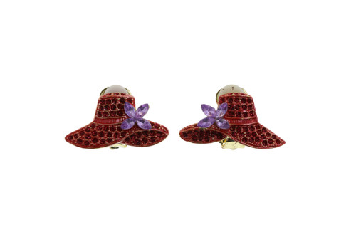 Red Crystal Accent Floppy Hat Clip-On Earrings Gold-Tone - C2198C