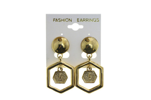 Hexagonal Exclamation Point Dangle Clip-On Earrings Gold-Tone - C36947