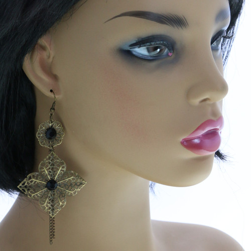 Antiqued Brass Filigreed Floral Dangle Earrings Gold-Tone - E23486