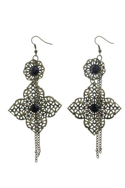 Antiqued Brass Filigreed Floral Dangle Earrings Gold-Tone - E23486