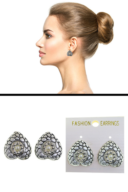 Inverted Heart Imitation Pearl Clip-On Earrings Silver-Tone - C213A Inverted Heart Imitation Pearl Clip-On Earrings Silver-Tone - C213A
