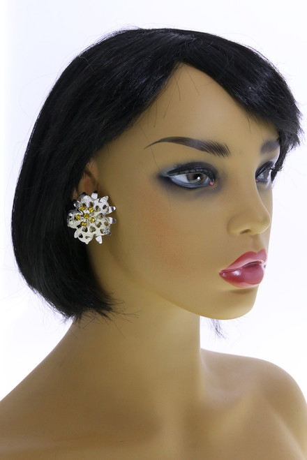 Colored Crystal Flower Clip-On Earrings Silver-Tone - C437AC