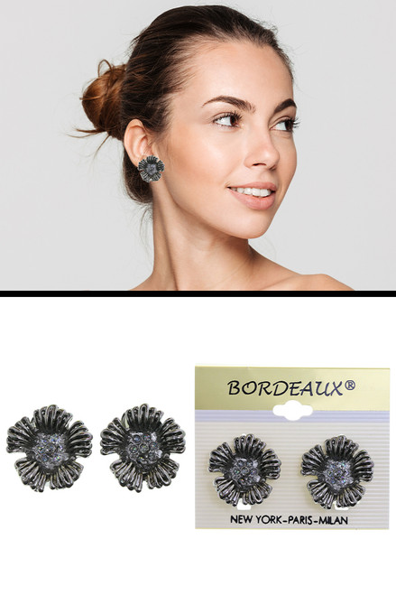 Crystal Accent Gunmetal Flower Clip-On Earrings Gray - C1222BK Crystal Accent Gunmetal Flower Clip-On Earrings Gray - C1222BK