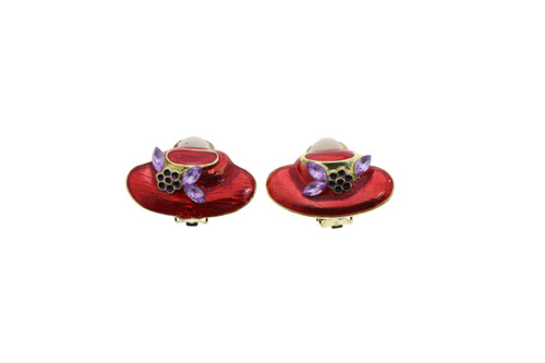 Red Enamel Floppy Hat Clip-On Earrings Gold-Tone - C2194C