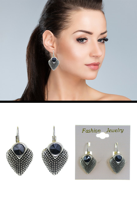 Black Faceted Accent Heart Dangle Earrings Silver-Tone - E509A Black Faceted Accent Heart Dangle Earrings Silver-Tone - E509A
