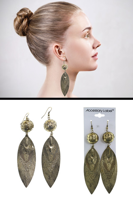 Embossed Egyptian Pattern Dangle Earrings Gold-Tone - E3461