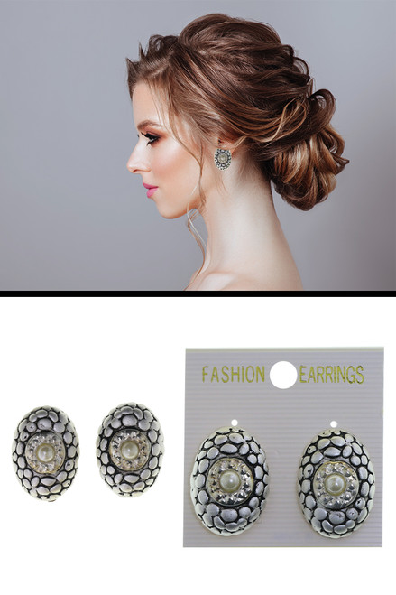 Bumpy Oval Imitation Pearl Bead Clip-On Earrings Silver-Tone - C2129A Bumpy Oval Imitation Pearl Bead Clip-On Earrings Silver-Tone - C2129A