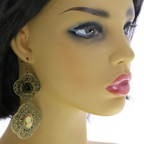 Antiqued Filigreed Floral Cameo Dangle Earrings Assorted  - E3833B