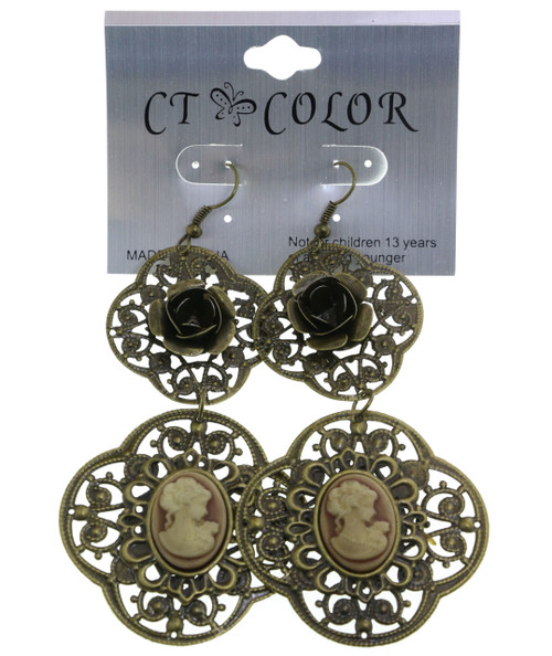 Antiqued Filigreed Floral Cameo Dangle Earrings Assorted  - E3833B