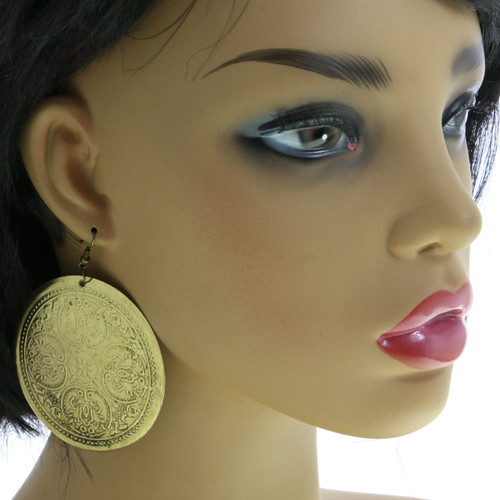 [NEEDS COMPOSITE] Embossed Circular Disc Dangle Earrings Gold-Tone - E23419
