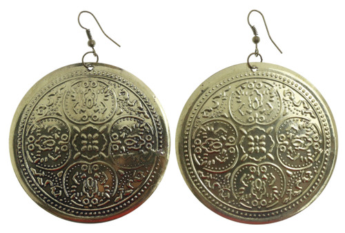 [NEEDS COMPOSITE] Embossed Circular Disc Dangle Earrings Gold-Tone - E23419