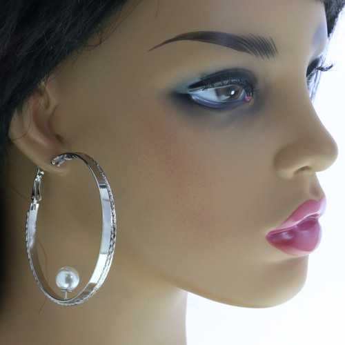 Wide Ring Imitation Pearl Accent Hoop Earrings Silver-Tone - E32661A