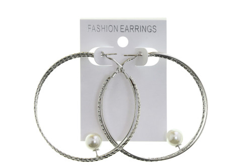 Wide Ring Imitation Pearl Accent Hoop Earrings Silver-Tone - E32661A