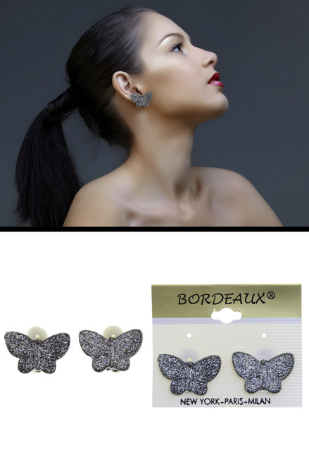 Glitter Accented Butterfly Clip-On Earrings Gunmetal - C1587 Glitter Accented Butterfly Clip-On Earrings Gunmetal - C1587