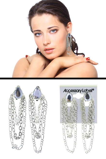 Chain Tassel Mirrored Faceted Accent Clip-On Earrings Silver-Tone - C2213B Chain Tassel Mirrored Faceted Accent Clip-On Earrings Silver-Tone - C2213B