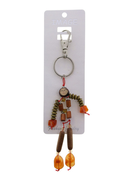 Wooden Bead Man Split Ring Keychain Silver-Tone On Orange Elastic String - KEKC6596